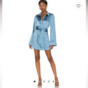 Revolve Camila Coelho Priscilla Blue Satin Shirt Mini Dress NWT